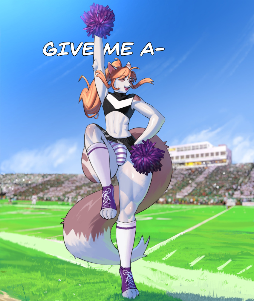 absurd_res american_football anthro audience bottomwear bulge caliburny cheering cheerleader cheerleader_outfit cheerleading_pose clothing domestic_cat felid feline felis football_field girly group hair hi_res long_hair male mammal muscular nolansnsfw paws pom_poms public skirt slim solo sport thick_thighs underwear