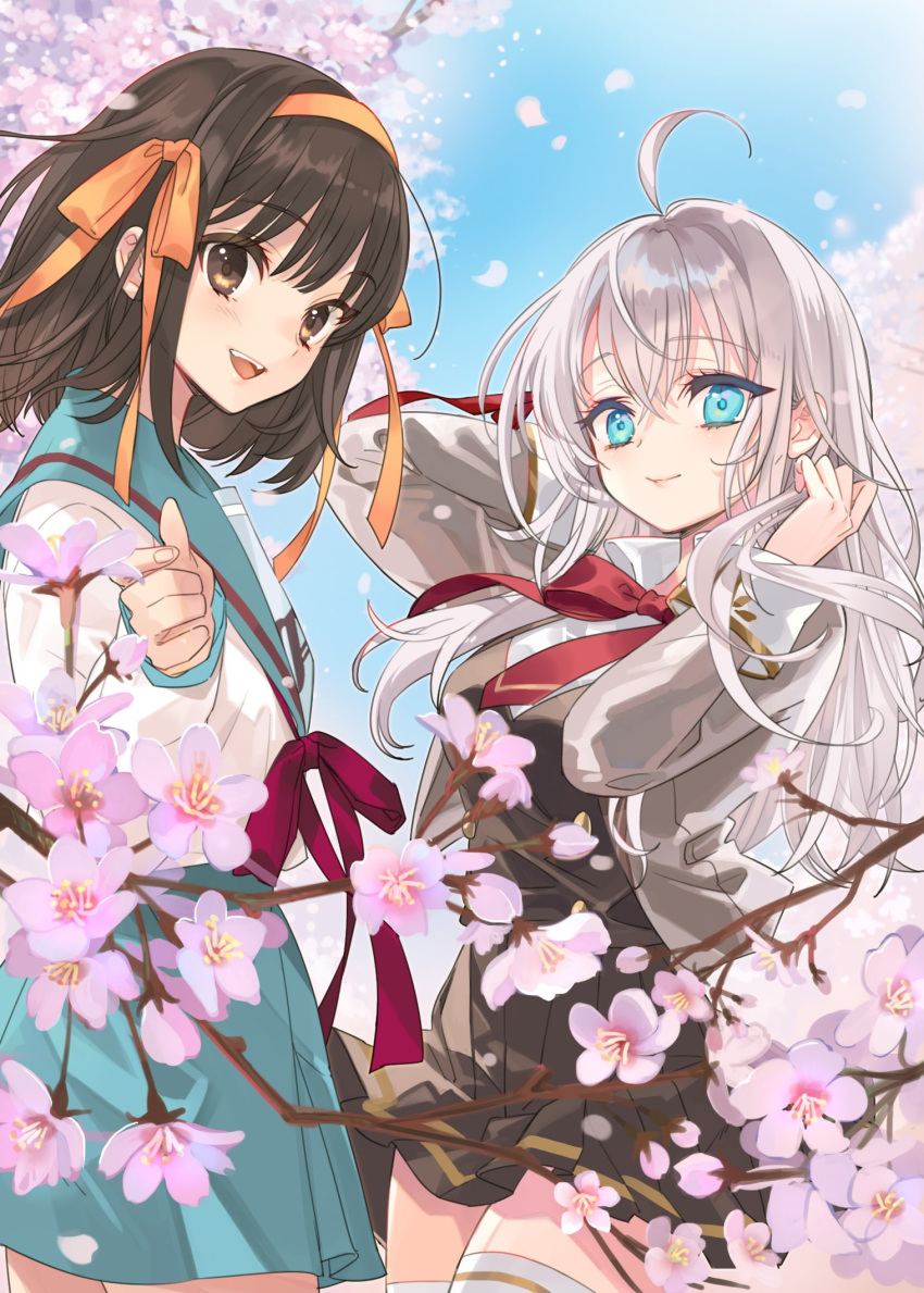 2girls :d ahoge alisa_mikhailovna_kujou black_skirt blazer blue_eyes blue_sailor_collar blue_skirt blue_sky bob_cut brown_eyes brown_hair cherry_blossoms closed_mouth collaboration commentary_request crossover flower grey_hair grey_jacket grey_vest hair_ribbon hairband highres ito_noizi jacket kita_high_school_uniform long_hair long_sleeves looking_at_viewer medium_hair momoko_(momopoco) multiple_girls official_art open_clothes open_jacket open_mouth outdoors ribbon sailor_collar school_uniform serafuku skirt sky smile standing suzumiya_haruhi suzumiya_haruhi_no_yuuutsu teeth tokidoki_bosotto_roshia-go_de_dereru_tonari_no_arya-san upper_teeth_only vest winter_uniform yellow_hairband yellow_ribbon