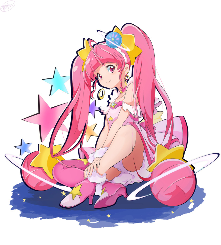 1girl boots choker cure_star dress full_body fur_cuffs hair_ornament high_heels highres indian_style long_hair looking_at_viewer magical_girl pink_choker pink_dress pink_eyes pink_hair pink_thighhighs planet_hair_ornament precure ryouseirui single_thighhigh sitting smile solo star_(symbol) star_choker star_color_pen star_hair_ornament star_twinkle_precure thighhighs twintails very_long_hair white_background