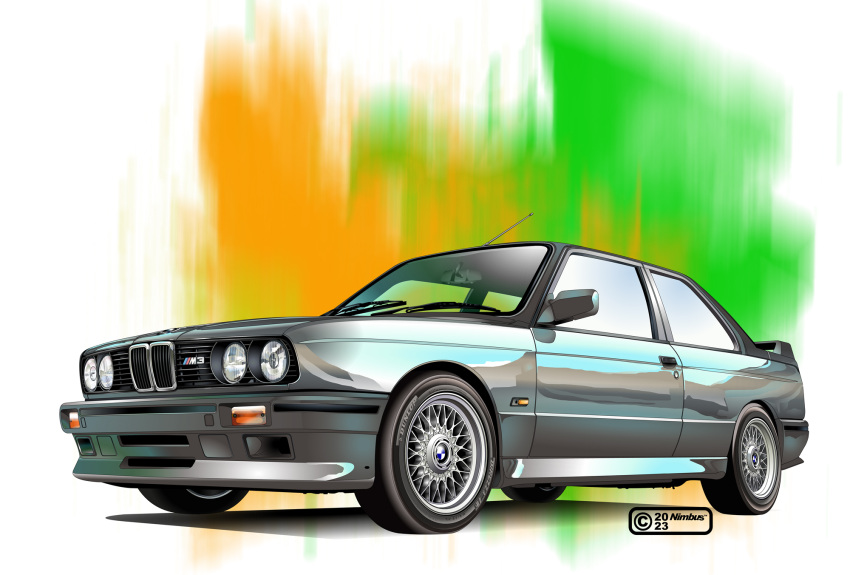 2023 artist_name bmw bmw_m3 car green_background headlight highres motor_vehicle multicolored_background nimbus_goldbrum no_humans orange_background original realistic rear-view_mirror vehicle_focus white_background