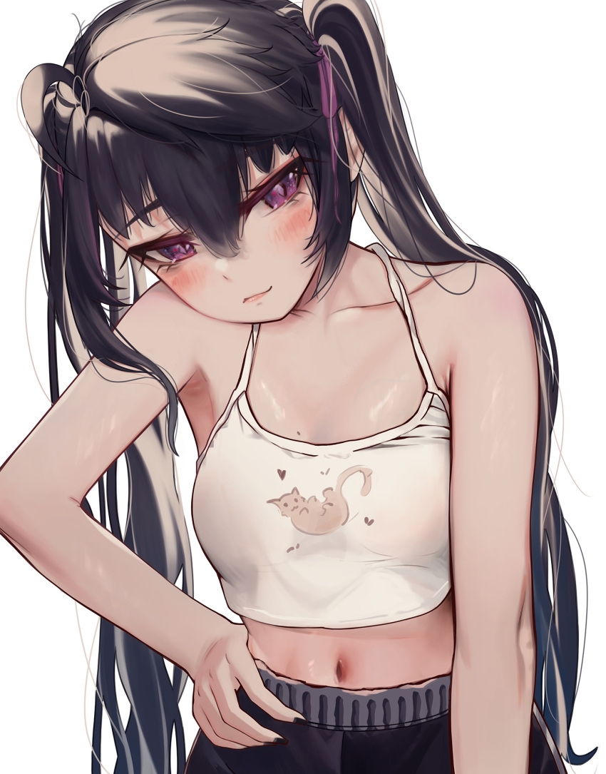 1girl ahoge bare_shoulders black_hair black_nails black_shorts blush breasts closed_mouth commentary_request dolphin_shorts hair_between_eyes hair_ribbon hand_on_own_hip highres long_hair looking_at_viewer loose_hair_strand mesugaki midriff mole mole_on_breast nail_polish original priite_hari_(torriet) purple_eyes purple_ribbon ribbon shirt shorts simple_background sleeveless sleeveless_shirt smile solo standing stomach torriet twintails upper_body white_background