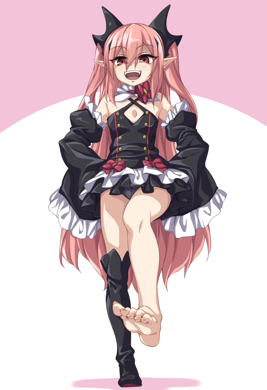 1girl :d absurdres bare_shoulders barefoot black_dress black_footwear black_panties black_sleeves boots commentary_request detached_sleeves dress fangs feet flat_chest full_body gothic_lolita hair_between_eyes hands_on_own_hips highres krul_tepes kyuutou_(kyuutouryuu) light_blush lolita_fashion long_hair long_sleeves looking_at_viewer no_socks open_mouth owari_no_seraph panties pantyshot pink_background pink_hair pointy_ears red_eyes simple_background single_barefoot single_boot smile soles solo teeth thigh_boots toenails toes two-tone_background two_side_up underwear upper_teeth_only upskirt variant_set very_long_hair white_background