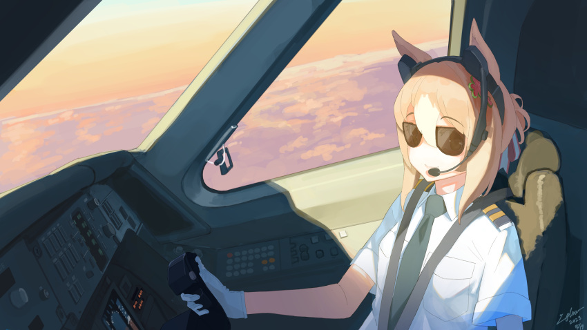 1girl absurdres airplane_interior alternate_costume brown_hair clover_hair_ornament cockpit dated fine_motion_(umamusume) from_side gloves green_necktie hair_between_eyes hair_bun hair_ornament hair_ribbon headset highres horse_girl looking_at_viewer necktie pilot ribbon shirt short_sleeves signature single_hair_bun solo sunglasses umamusume utachy white_gloves white_hair white_shirt