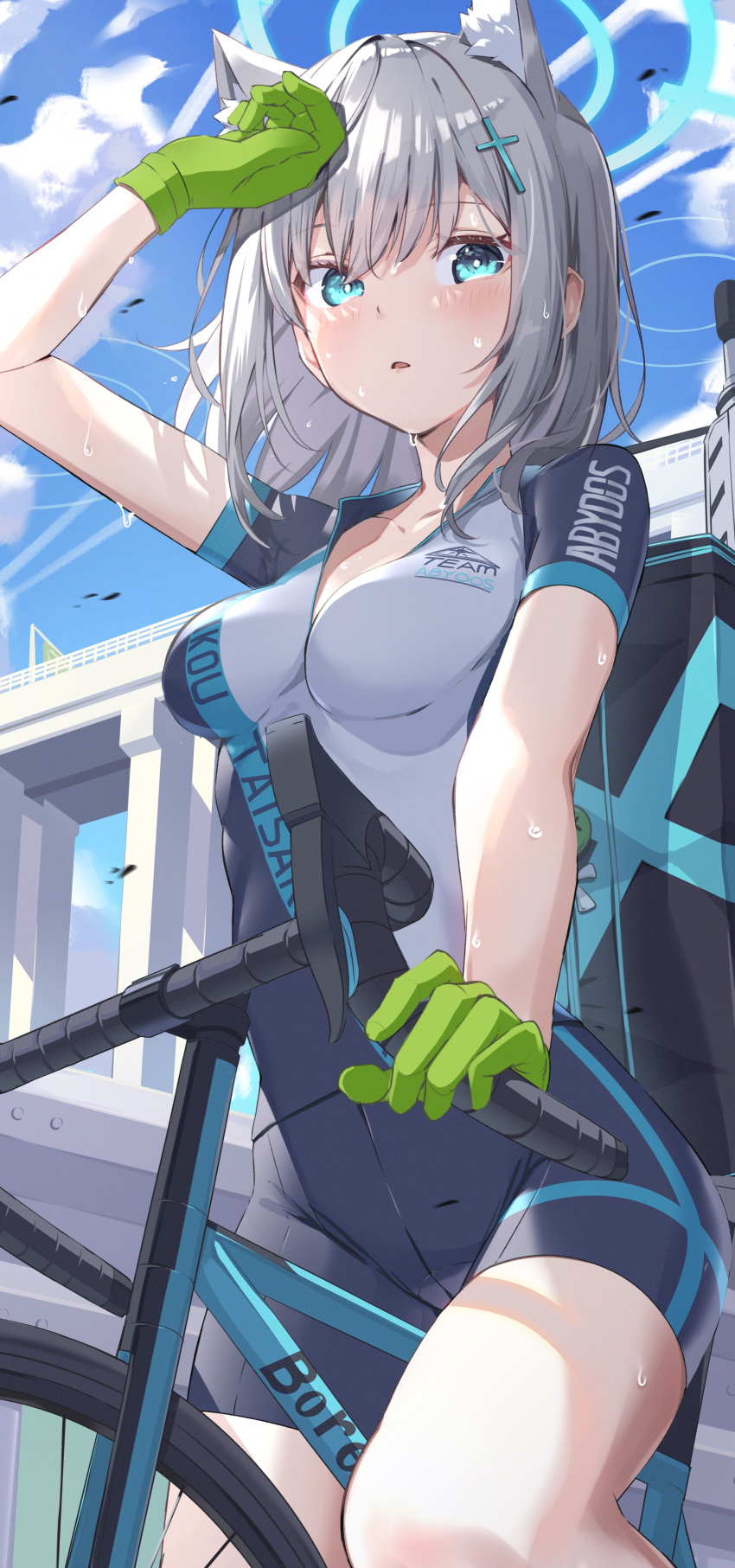 1girl absurdres animal_ear_fluff animal_ears backpack bag bicycle bike_jersey bike_shorts blue_archive blue_eyes blush breasts cycling_uniform extra_ears gloves green_gloves grey_hair highres looking_at_viewer medium_breasts official_alternate_costume riding riding_bicycle ringopan shiroko_(blue_archive) shiroko_(cycling)_(blue_archive) solo sweat white_hair wolf_ears