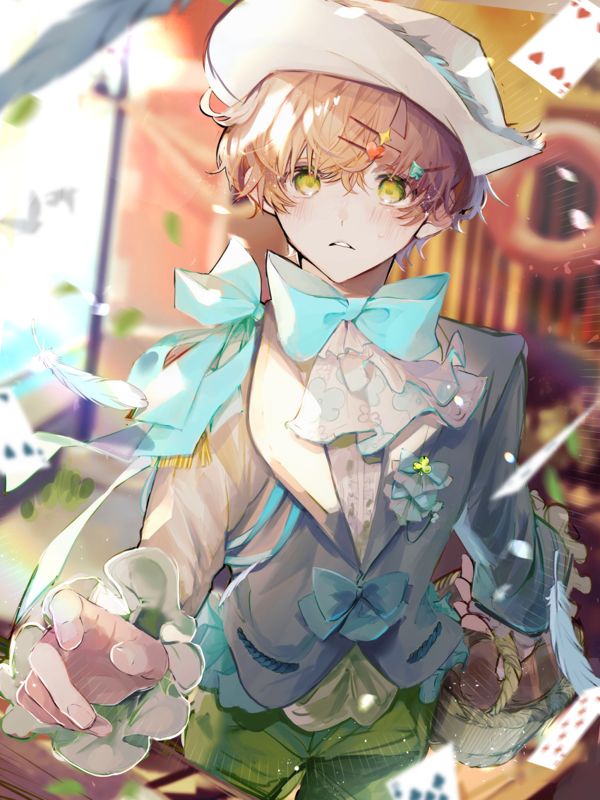 1boy absurdres blue_bow blue_jacket blush bow card four_of_hearts four_of_spades green_eyes green_shorts hair_ornament hairclip hat highres jacket long_sleeves male_child male_focus orange_hair original playing_card shirt short_hair shorts solo teeth u-sama_(u_summer0719) white_headwear white_shirt