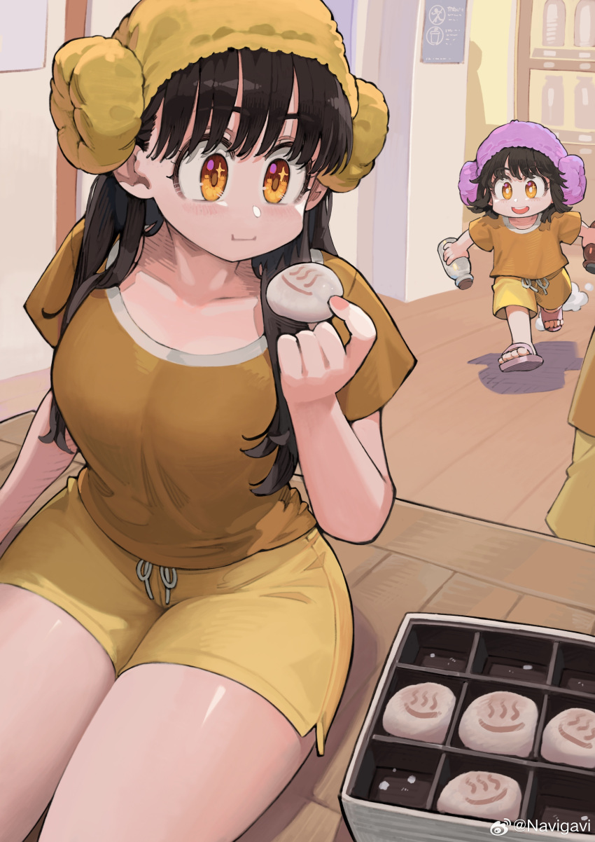 2girls :d absurdres baozi big_sister_(navigavi) black_hair bottle breasts brown_eyes brown_footwear brown_shirt collarbone commentary eating food highres holding holding_bottle holding_food indoors jun_(navigavi) little_sister_(navigavi) long_hair medium_breasts milk_bottle multiple_girls original running sandals shirt short_shorts short_sleeves shorts smile towel towel_on_head vending_machine weibo_logo weibo_username wooden_floor yellow_shorts