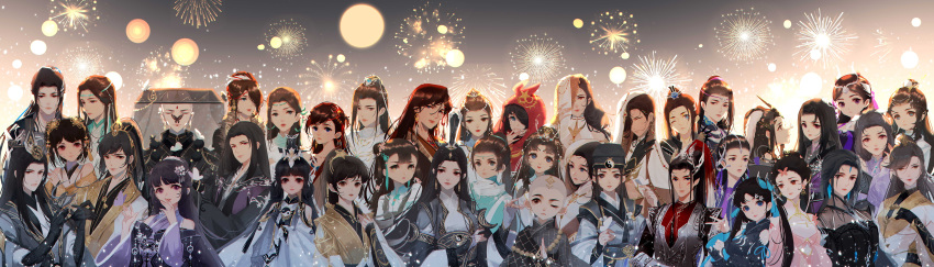 6+boys 6+girls absurdres bald black_eyes black_hair black_headwear blue_eyes blunt_bangs bug butterfly butterfly_on_nose chinese_clothes closed_eyes fireworks forehead hair_ornament hand_up hanfu highres incredibly_absurdres jianxia_qingyuan_(series) jianxia_qingyuan_online_3 long_hair monk multiple_boys multiple_girls night night_sky one_eye_closed sky upper_body yi_er_san
