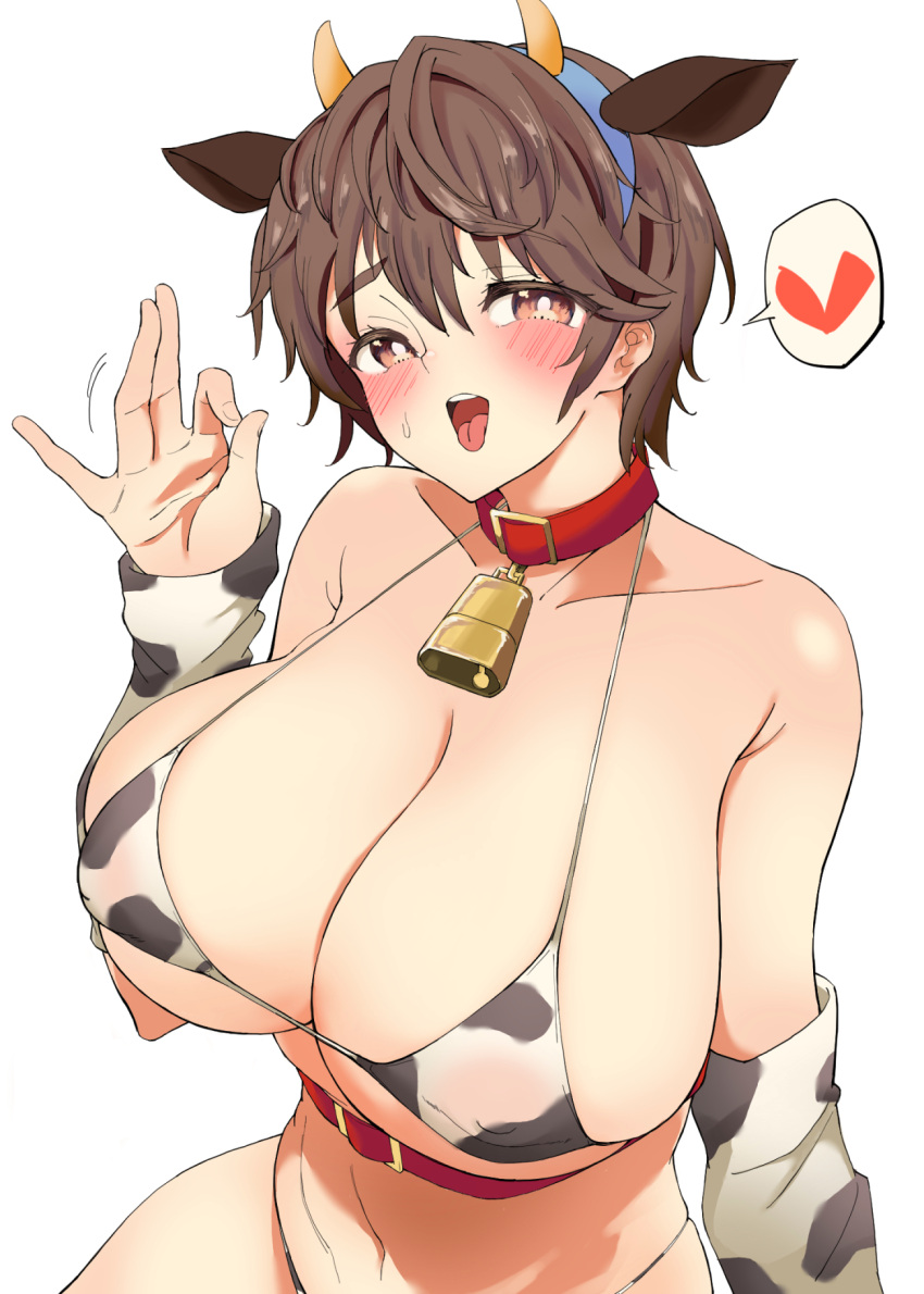 1girl animal_collar animal_ears animal_print arm_warmers armpit_crease bare_shoulders bell bikini blush breasts bright_pupils brown_hair cleavage collar collarbone covered_nipples cow_ears cow_horns cow_print cow_print_bikini fellatio_gesture halterneck heart highres horns huge_breasts idolmaster idolmaster_cinderella_girls looking_at_viewer navel neck_bell oikawa_shizuku short_hair simple_background smile solo spoken_heart string_bikini sweatdrop swimsuit tongue tongue_out umeshiba121 white_background white_pupils