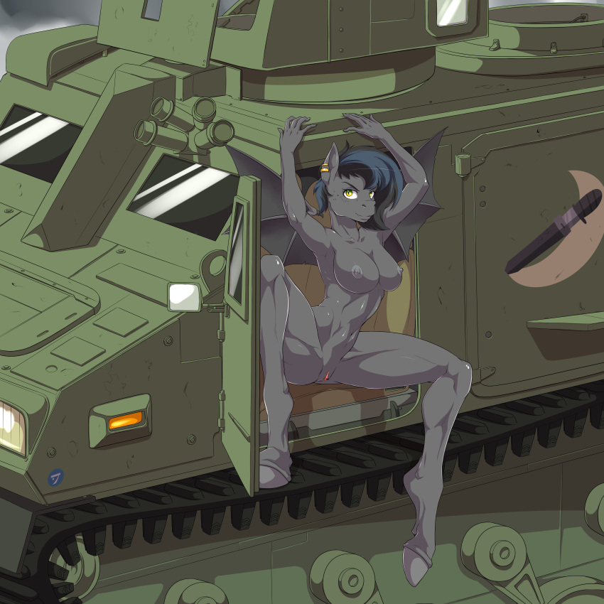 absurd_res anthro apc areola arm_above_head bat_pony breasts doom13 equid female genitals hasbro hi_res looking_at_viewer mammal military muscular muscular_anthro muscular_female my_little_pony nipples notde_(oc) nude pinup pose pussy solo spread_legs spreading vehicle