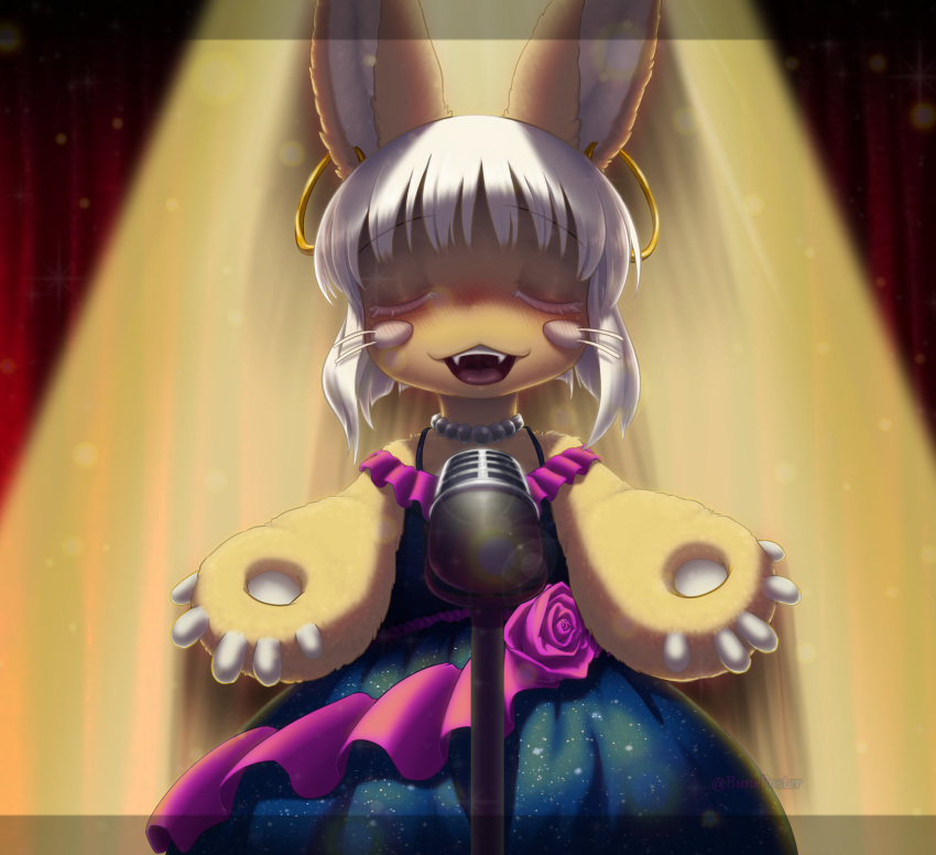 1girl absurdres alternate_costume animal_ears blue_dress bune_poster closed_eyes dress fangs furry furry_female highres made_in_abyss microphone music nanachi_(made_in_abyss) open_mouth singing solo white_hair