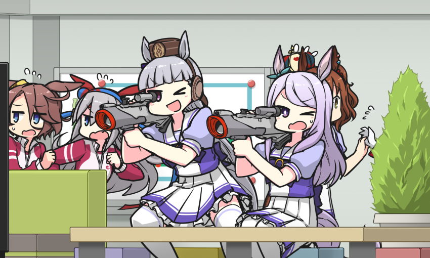 5girls ;d ;o animal_ears aston_machan_(umamusume) blue_eyes blunt_bangs bow bowtie brown_hair brown_headwear crown ear_covers ear_ribbon fang frilled_skirt frills gold_ship_(umamusume) green_ribbon grey_hair hair_between_eyes hairband hamu_koutarou headband highres horse_ears horse_girl horseshoe_ornament jacket long_hair mejiro_mcqueen_(umamusume) mini_crown multiple_girls narita_taishin_(umamusume) one_eye_closed pillbox_hat pleated_skirt puffy_short_sleeves puffy_sleeves purple_bow purple_bowtie purple_eyes purple_hair purple_serafuku purple_shirt red_headband red_jacket red_track_suit ribbon running sailor_collar sailor_shirt school_uniform serafuku shirt short_hair short_sleeves skirt smile swept_bangs tamamo_cross_(umamusume) thighhighs tracen_school_uniform tracen_training_uniform track_jacket umamusume white_skirt white_thighhighs yellow_eyes