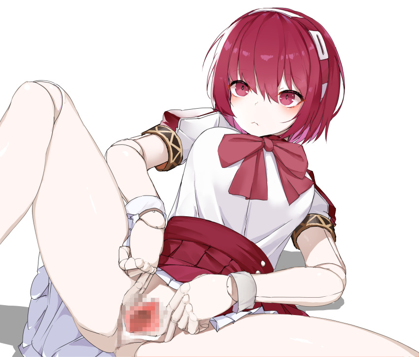 1girl :&lt; absurdres android bare_legs blush bob_cut breasts censored closed_mouth commentary_request cuffs dorothy_haze feet_out_of_frame hair_between_eyes hairband highres joints large_breasts light_frown mosaic_censoring neck_ribbon pale_skin puffy_short_sleeves puffy_sleeves pussy red_eyes red_hair red_ribbon red_skirt ribbon robot_joints shirt short_hair short_sleeves simple_background sitting skirt solo spread_legs spread_pussy va-11_hall-a white_background white_shirt white_skirt yanagui