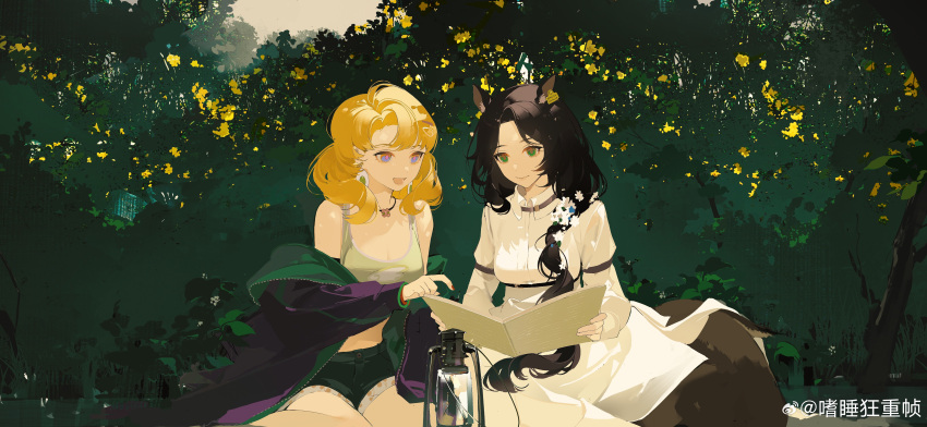 2girls :d absurdres animal_ears arm_belt bare_shoulders belt black_hair black_jacket blonde_hair blonney book breasts brown_belt bush centauroid changeling_(reverse:1999) chongzhen_085 cleavage closed_mouth collared_shirt deer_ears deer_girl ear_tag feet_out_of_frame flower forest green_eyes green_sports_bra hair_flower hair_ornament hair_over_shoulder highres holding holding_book jacket lamp large_breasts long_hair looking_down low_ponytail medium_hair midriff multiple_girls nature off_shoulder open_book outdoors parted_bangs pointing purple_eyes reading red_nails reverse:1999 shirt short_shorts shorts sitting smile sports_bra taur underboob wariza weibo_logo weibo_username white_flower white_shirt yellow_flower