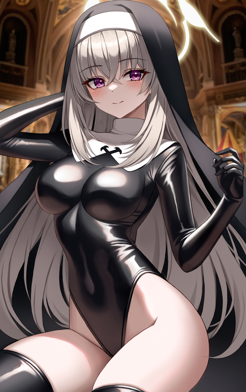 1girl absurdres ass black_leotard black_thighhighs blue_archive breasts chelly_(glisten_chelly) closed_mouth coif covered_navel cowboy_shot grey_hair habit hair_between_eyes halo highres large_breasts leotard long_hair nun purple_eyes sakurako_(blue_archive) smile solo thighhighs yellow_halo