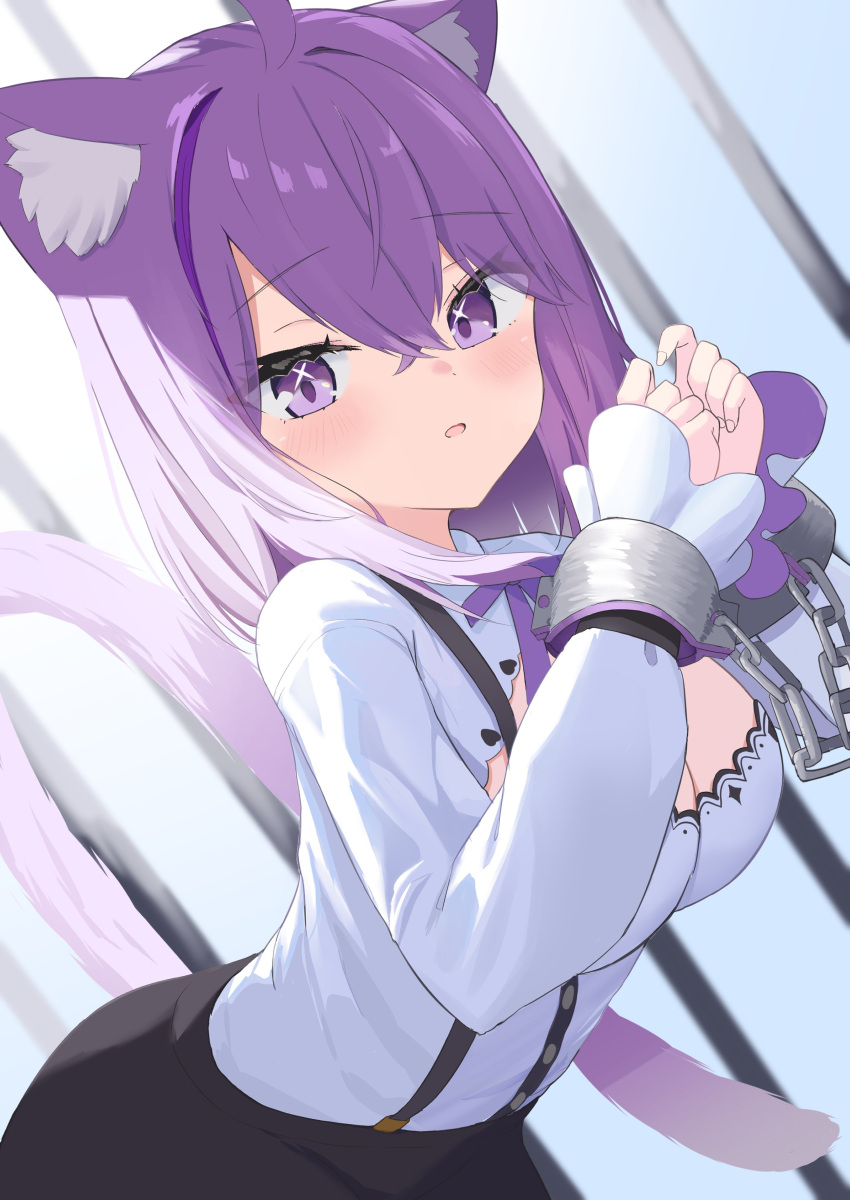 1girl absurdres ahoge animal_ears breasts cat_ears cat_tail cleavage cleavage_cutout clothing_cutout cuffed cuffs highres hololive iron_bars large_breasts minilotte nekomata_okayu nekomata_okayu_(6th_costume) purple_eyes purple_hair shirt suspenders tail virtual_youtuber white_shirt