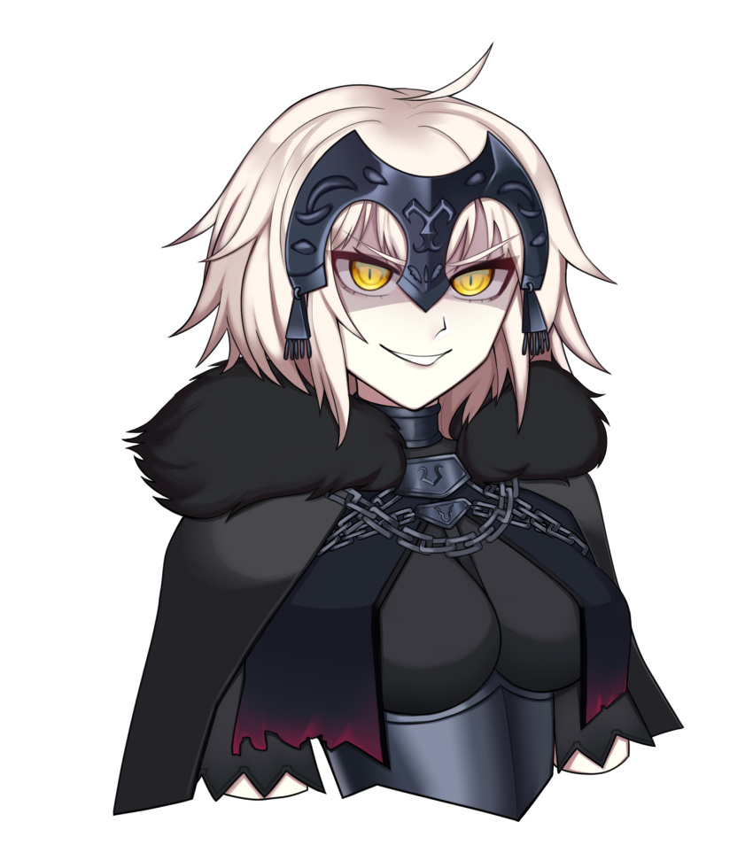 1girl ahoge black_cape cape chain fate/grand_order fate_(series) fur-trimmed_cape fur_trim highres jeanne_d'arc_alter_(avenger)_(fate) jeanne_d'arc_alter_(avenger)_(first_ascension)_(fate) jeanne_d'arc_alter_(fate) looking_at_viewer natal_png pale_skin solo upper_body yellow_eyes