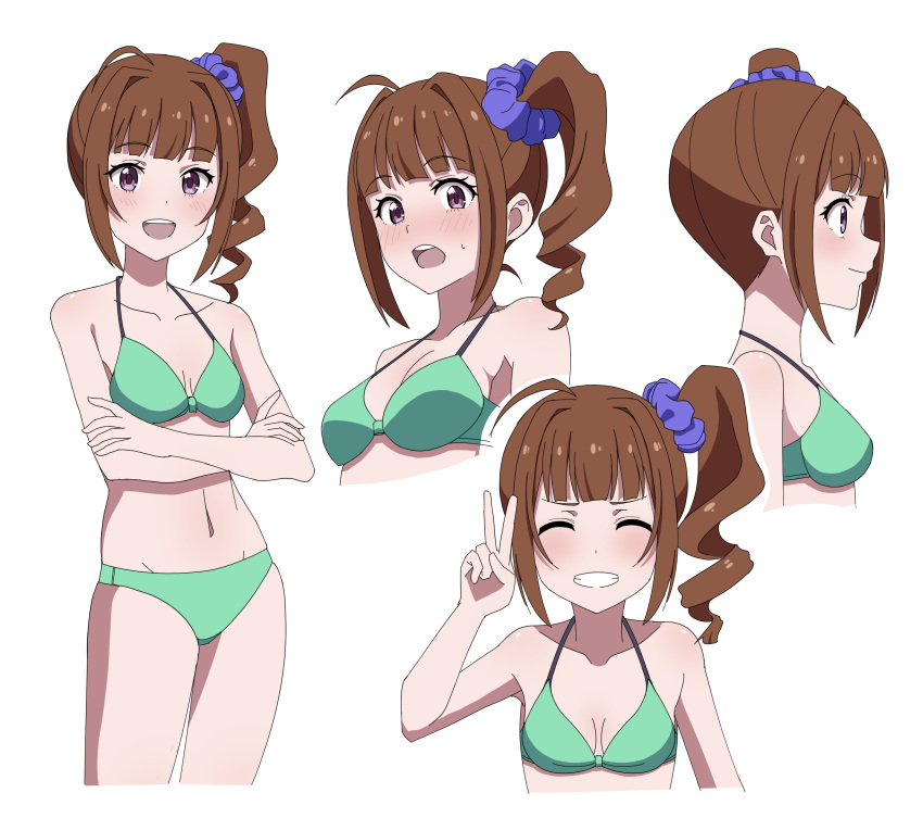 1girl absurdres ahoge amashiho bikini blue_scrunchie breasts brown_eyes brown_hair cleavage commentary_request crossed_arms drill_hair green_bikini hair_ornament hair_scrunchie highres idolmaster idolmaster_million_live! long_hair multiple_views navel open_mouth scrunchie side_drill side_ponytail simple_background small_breasts swimsuit teeth upper_body upper_teeth_only v white_background yokoyama_nao