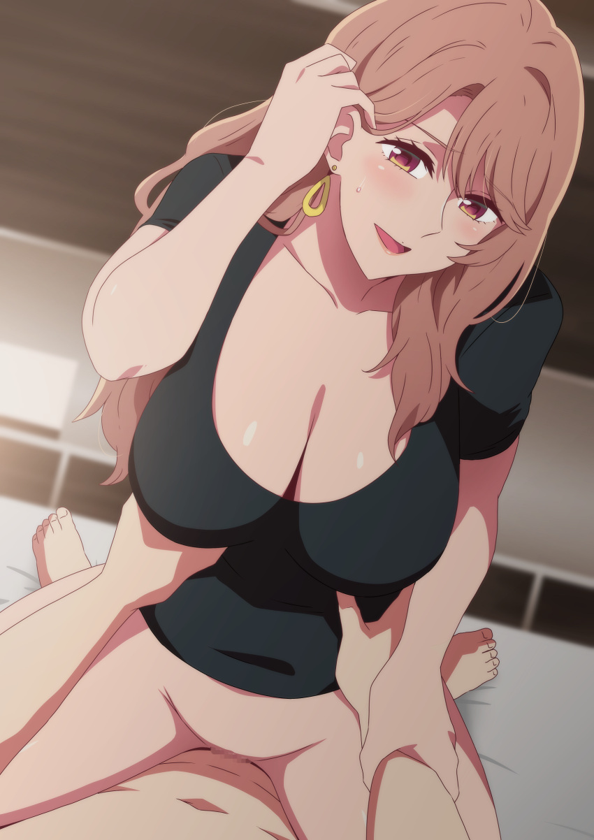 1boy 1girl adjusting_hair bed black_shirt blush bottomless breasts brown_eyes brown_hair censored cleavage clothed_female_nude_male clothed_sex commentary_request cowgirl_position earrings girl_on_top hara_(harayutaka) hetero highres jewelry large_breasts looking_at_viewer mature_female nude oshi_no_ko saitou_miyako sex shirt smile straddling