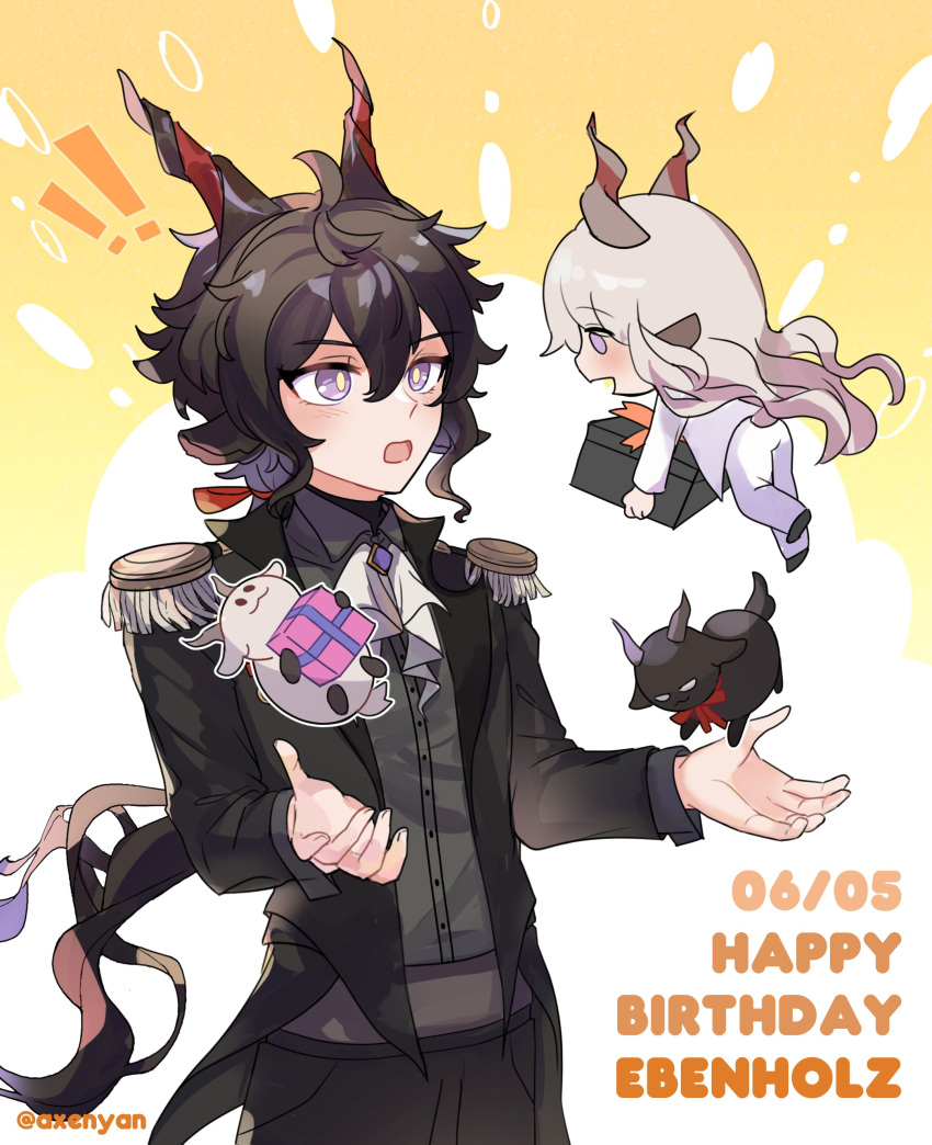 2boys absurdres animal_ears animalization arknights ascot ass axenyan black_hair black_suit bright_pupils chibi commentary dated ebenholz_(arknights) english_commentary english_text epaulettes formal full_body gift goat goat_boy goat_ears goat_horns hands_up happy_birthday highres holding holding_gift horns kreide_(arknights) long_hair long_sleeves looking_at_another multiple_boys open_mouth ponytail purple_eyes suit surprised twitter_username upper_body wavy_hair white_ascot white_hair white_pupils white_suit