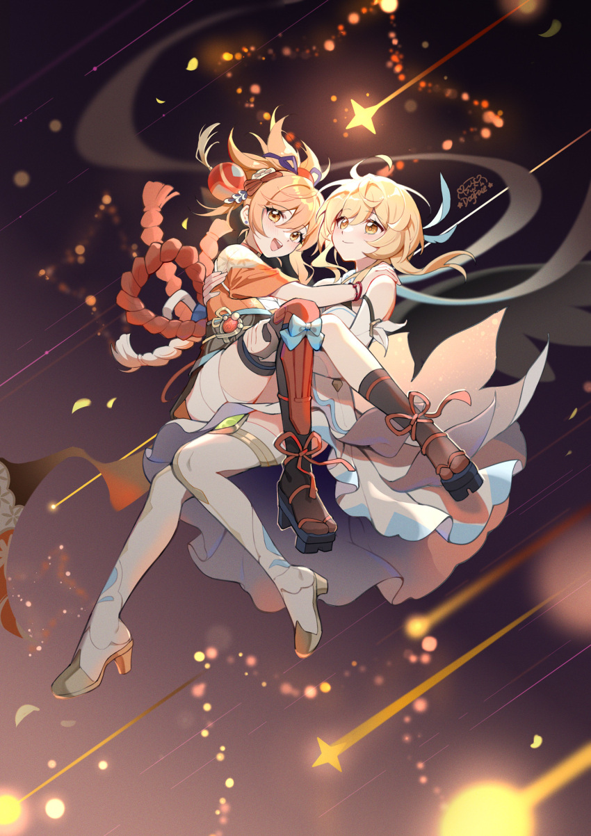 2girls :d bandaged_leg bandages black_socks blonde_hair boots bracelet carrying commentary_request detached_sleeves dress ear_piercing feather_hair_ornament feathers full_body genshin_impact gou_lianlian_dogface hadanugi_dousa hair_ornament hand_on_another's_shoulder highres japanese_clothes jewelry kimono long_hair looking_at_viewer lumine_(genshin_impact) multiple_girls night obi open_mouth orange_hair orange_kimono piercing princess_carry rope sandals sash shimenawa shooting_star signature smile socks thigh_boots vision_(genshin_impact) white_dress white_footwear yellow_eyes yoimiya_(genshin_impact)