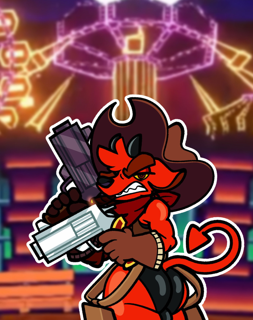 amusement_park angry anthro butt clenched_teeth clothing cowboy_hat fur gremile_'hotshot' group gun handgun hat headgear headwear hi_res humor imp kings_of_hell leotard male pdoctori pistol ranged_weapon red_body red_eyes red_fur shaking_butt solo spade_tail tail teeth text weapon