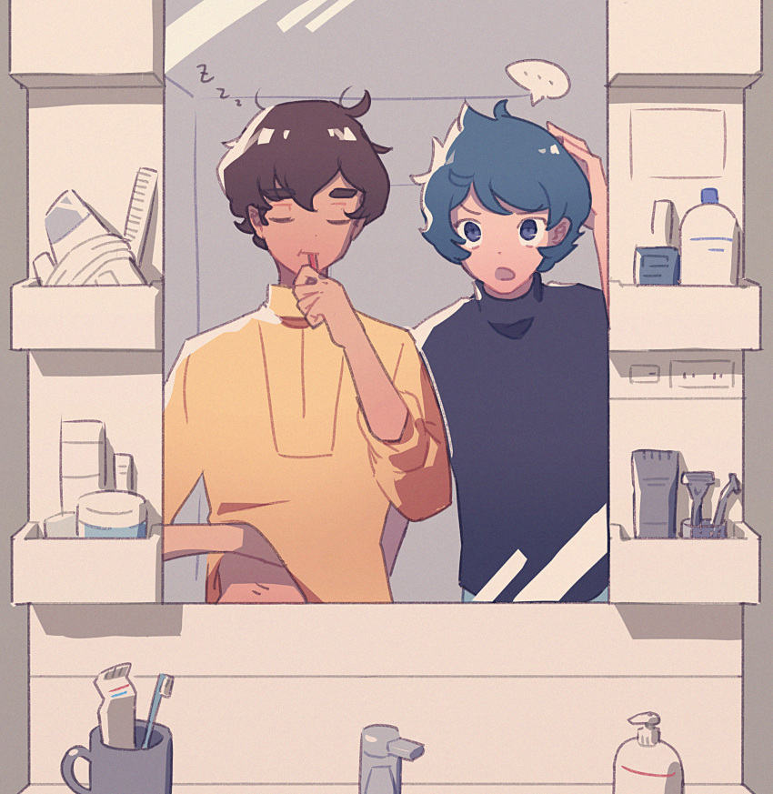 ... 2boys :o absurdres alternate_costume bathroom blue_eyes blue_hair blue_shirt brown_hair brushing_teeth casual closed_mouth faucet gundam gundam_zz hand_on_own_head hand_under_clothes hand_under_shirt high_collar highres indoors judau_ashta kamille_bidan looking_at_mirror male_focus messy_hair mirror multiple_boys open_mouth pin_(penco_co) razor ruler scratching_stomach shelf shirt short_hair short_sleeves sleepy spoken_ellipsis standing tan thick_eyebrows toothbrush toothpaste turtleneck yellow_shirt zeta_gundam zzz