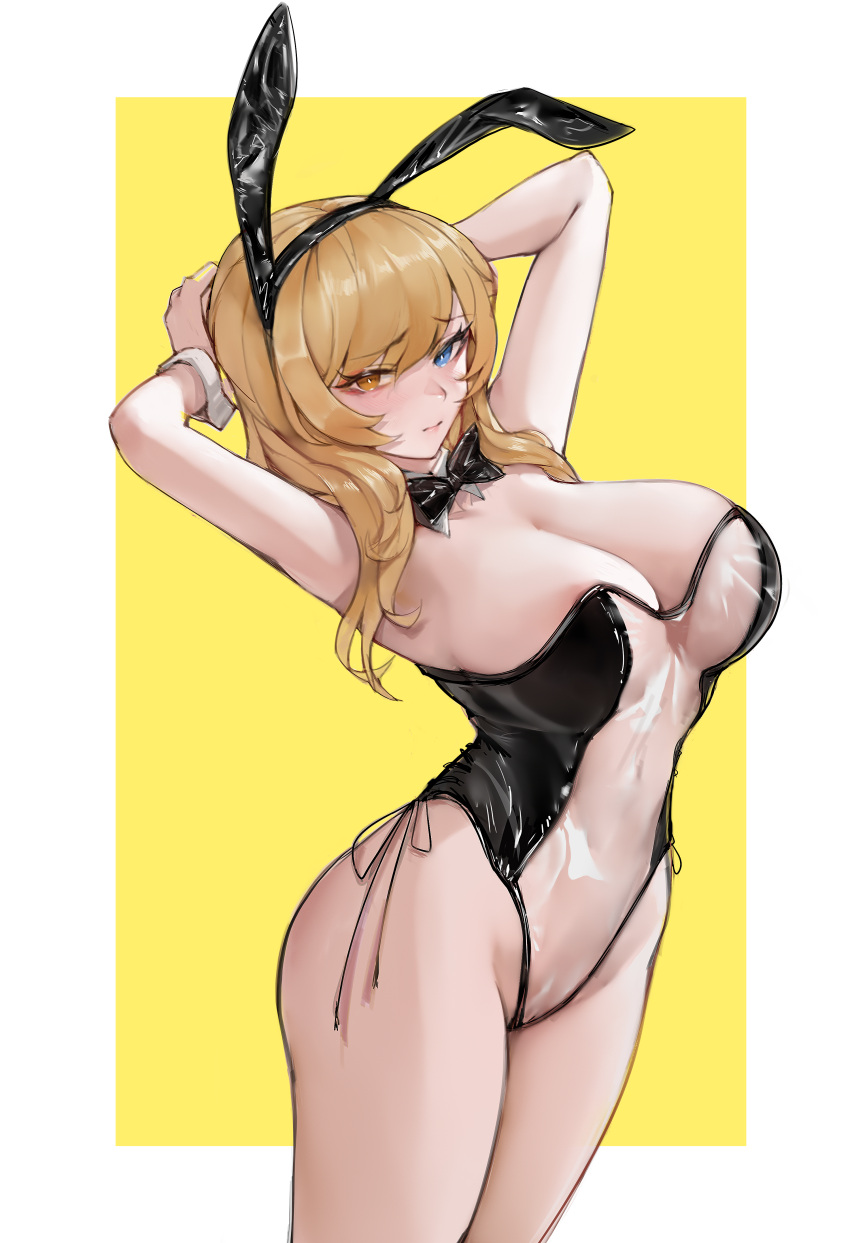 absurdres animal_ears areola_slip armpits arms_up black_bow black_bowtie blonde_hair blue_eyes bow bowtie breasts brown_eyes cleavage closed_mouth covered_navel cowboy_shot detached_collar fake_animal_ears gdhs heterochromia highleg highleg_leotard highres large_breasts leaning_back leotard long_hair looking_at_viewer meme_attire nontraditional_playboy_bunny original rabbit_ears see-through see-through_leotard simple_background stretching swept_bangs translucent_bunnysuit wrist_cuffs