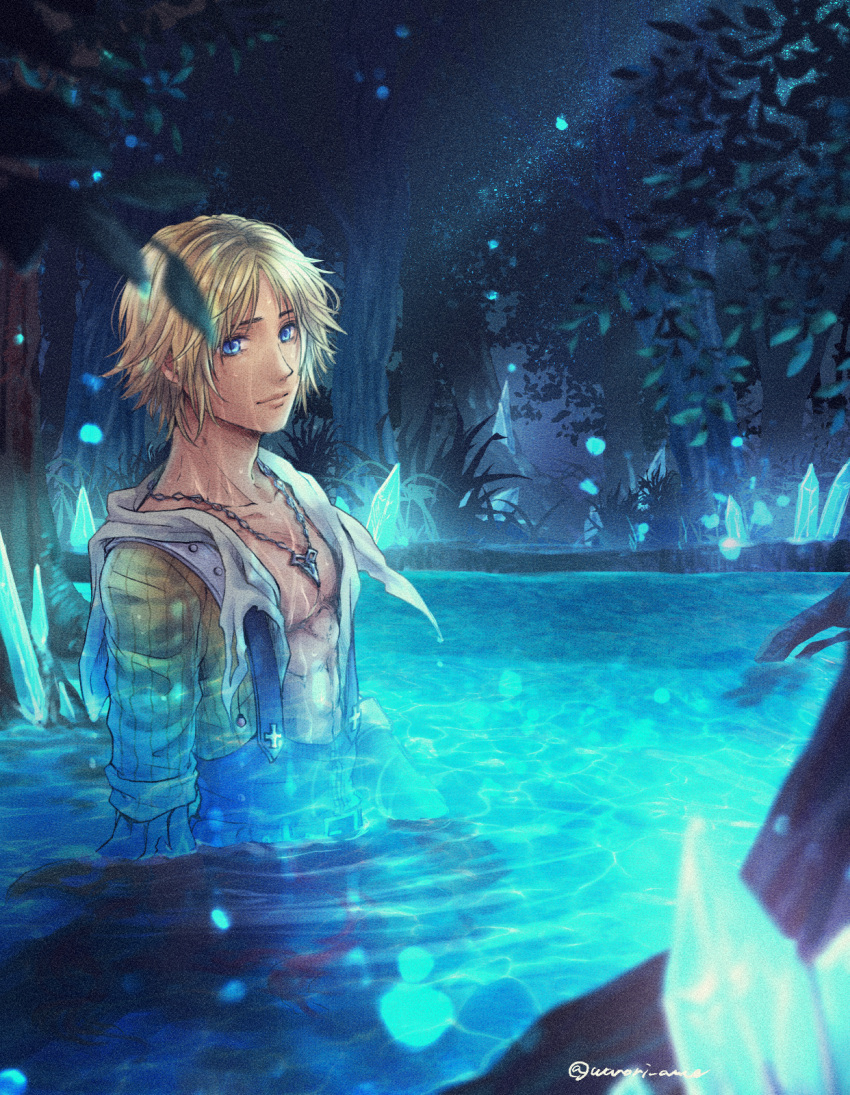 1boy black_overalls blonde_hair blue_eyes chain_necklace commentary_request final_fantasy final_fantasy_x highres in_water jewelry male_focus necklace night overalls short_hair signature tidus tree warori_anne water wet