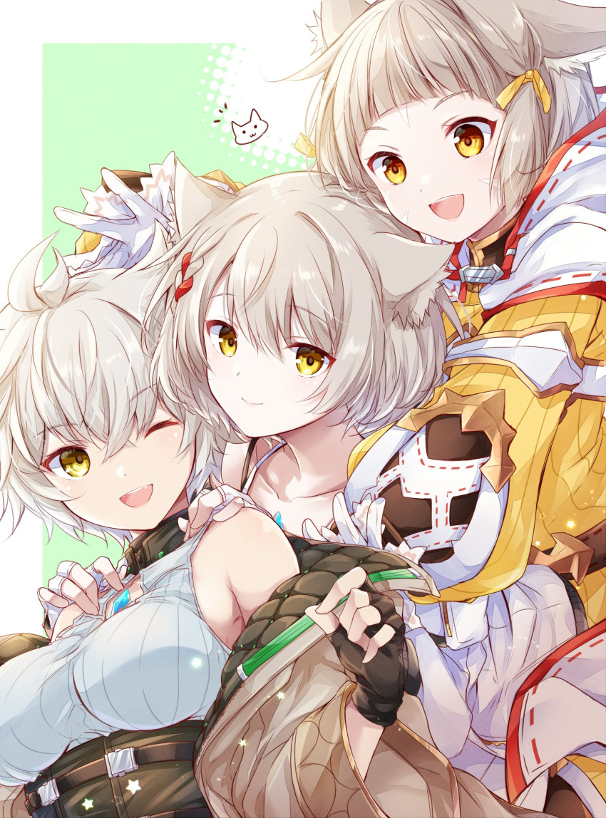 3girls animal_ears bare_shoulders black_corset black_gloves blunt_bangs breasts brown_jacket cat_ears chest_jewel closed_mouth commentary_request core_crystal_(xenoblade) corset dress facial_mark fingerless_gloves gloves grandmother_and_granddaughter grey_hair hair_between_eyes hair_ribbon highres hug hug_from_behind jacket medium_breasts mio_(xenoblade) mother_and_daughter multiple_girls na'el_(xenoblade) nia_(xenoblade) off_shoulder one_eye_closed open_clothes open_jacket open_mouth ribbon shirt short_hair sleeveless sleeveless_dress smile swept_bangs teeth ui_frara upper_teeth_only white_gloves white_jacket white_shirt xenoblade_chronicles_(series) xenoblade_chronicles_2 xenoblade_chronicles_3 xenoblade_chronicles_3:_future_redeemed yellow_eyes yellow_ribbon