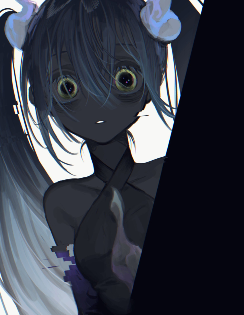 1girl bags_under_eyes blue_hair detached_arm digital_dissolve dilated_pupils ghost_miku_(project_voltage) glitch grey_shirt hair_between_eyes hatsune_miku highres horror_(theme) long_hair looking_at_viewer muted_color nagata_3 necktie pale_skin parted_lips peeking_out pokemon project_voltage shirt skinny solo triangle_mouth twintails upper_body vocaloid white_background white_necktie yellow_eyes