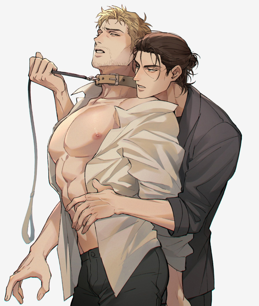 2boys abs animal_collar bara bare_pectorals black_hair black_pants blonde_hair chengzhineixihuanxiaogou collar collared_shirt eren_yeager facial_hair highres holding holding_leash large_pectorals leash male_focus multiple_boys muscular muscular_male navel nipples open_clothes open_shirt pants pectorals reiner_braun shingeki_no_kyojin shirt short_hair simple_background white_background white_shirt yaoi