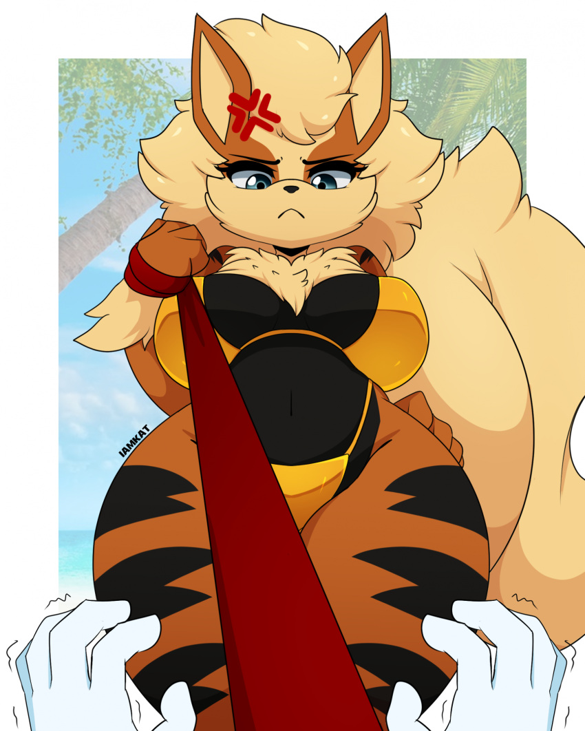 2023 annoyed anthro arcanine artist_name big_breasts bikini black_nose blonde_hair breasts chest_tuft clothing duo eyebrows eyelashes female first_person_view frown generation_1_pokemon gold_bikini golden_week hair hi_res holding_leash holding_object i_am_kat95 leash leash_pull leashed_pov long_hair looking_at_viewer midriff navel nintendo pokemon pokemon_(species) solo_focus swimwear tuft