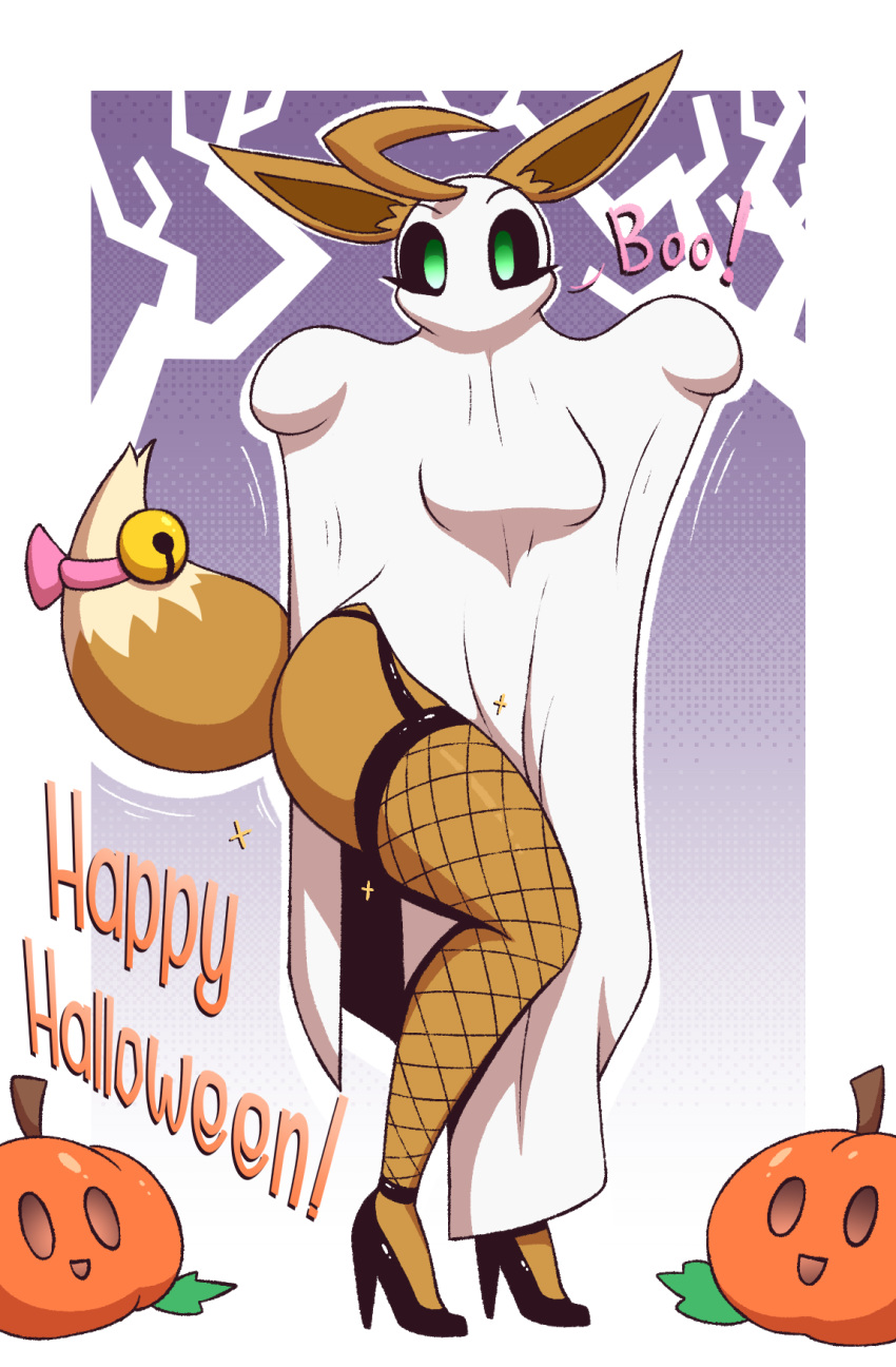 anthro bell clothing eevee english_text female fishnet fishnet_leggings fishnet_legwear fishnet_thigh_highs food footwear fruit generation_1_pokemon halloween hi_res high_heels holidays legwear naomi_(r-mk) nintendo plant pokemon pokemon_(species) presenting presenting_legs presenting_thigh pumpkin r-mk sheet_ghost solo standing stockings text thick_thighs wide_hips