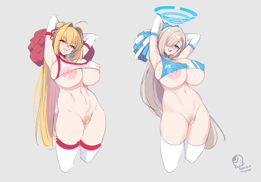 2girls absurdres areola_slip armpits arms_behind_head arms_up asuna_(blue_archive) bar_censor blonde_hair blue_archive blue_eyes blush bottomless breasts bursting_breasts censored cheerleader covered_nipples crop_top cropped_legs curvy fate_(series) funaya_(a2brasd) groin highres huge_breasts large_areolae long_hair looking_at_viewer multiple_girls navel nero_claudius_(fate) nipples no_bra no_panties open_mouth pom_pom_(cheerleading) pubic_hair pussy simple_background skindentation smile standing stomach sweat thighhighs thighs undersized_clothes very_long_hair wide_hips