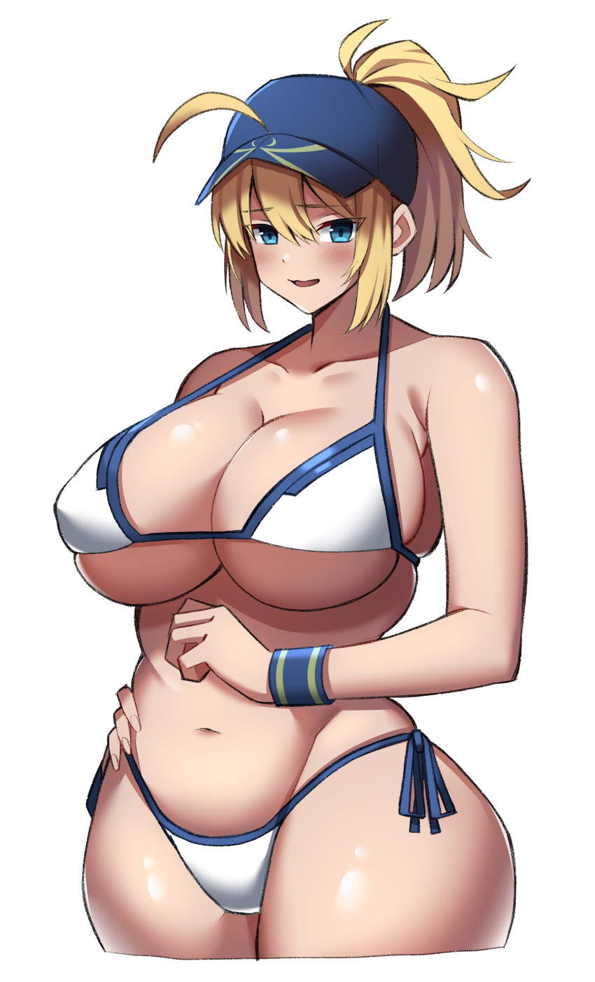 1girl absurdres ahoge artoria_pendragon_(fate) baseball_cap bikini blonde_hair blue_eyes blue_headwear blush bra breasts cleavage collarbone fate/grand_order fate_(series) hair_between_eyes hair_through_headwear hat highres imuzi large_breasts looking_at_viewer medium_hair mysterious_heroine_xx_(fate) navel open_mouth ponytail side-tie_bikini_bottom simple_background solo stomach sweatband swimsuit underwear white_background white_bikini wristband