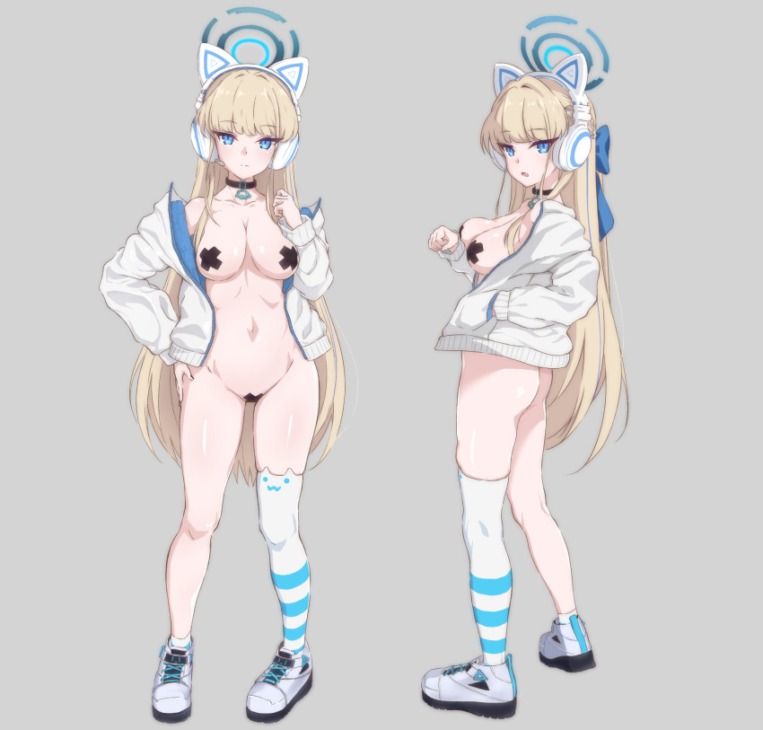 1girl alternate_costume animal_ear_headphones animal_ears ass black_pasties blonde_hair blue_archive blue_eyes blunt_bangs blush bow breasts cat_ear_headphones choker cleavage closed_mouth collarbone cross_pasties fake_animal_ears full_body grey_background groin hair_ornament hair_ribbon halo hand_in_pocket headphones highres jacket long_hair long_sleeves looking_at_viewer maebari multiple_views naked_jacket navel open_clothes open_jacket pasties ribbon shoes simple_background single_thighhigh sirokuma smile sneakers standing tape tape_on_nipples tape_on_pussy thighhighs toki_(blue_archive)