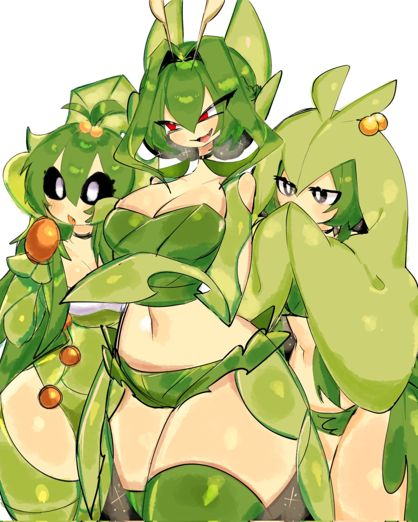 3girls black_eyes black_sclera blush breasts cleavage colored_sclera fang food fruit green_hair green_shorts green_thighhighs highres large_breasts leaf leavanny monster_girl multiple_girls open_mouth pokemon pokemon_(creature) red_eyes sewaddle shorts simple_background smile swadloon thick_thighs thighhighs thighs usa37107692 white_background white_eyes