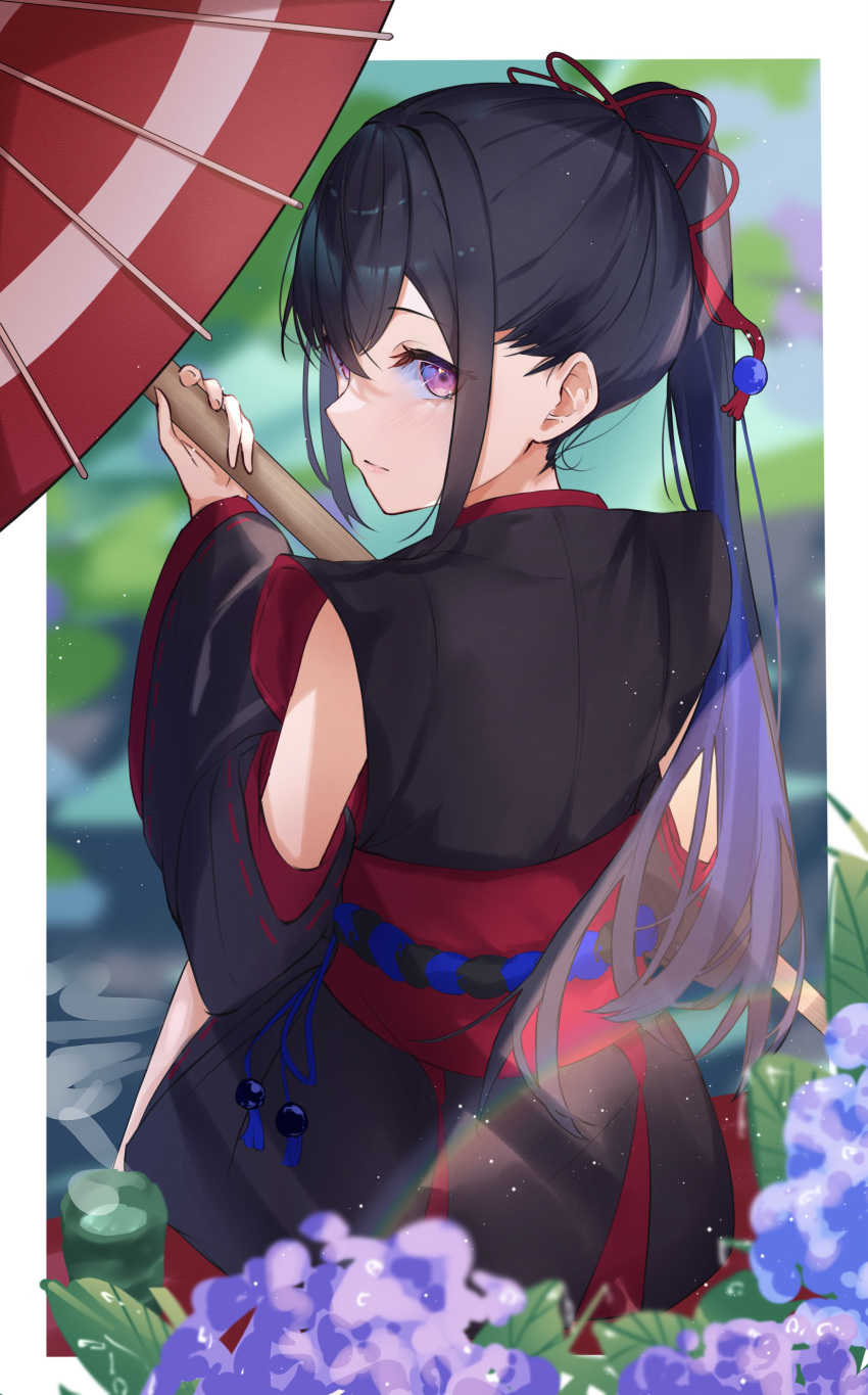 1girl absurdres black_hair black_kimono blue_hair blurry blurry_background blush border closed_mouth cup detached_sleeves expressionless flower from_behind green_tea hair_between_eyes hair_intakes hair_ornament highres holding holding_umbrella ichinose_uruha japanese_clothes kimono long_hair long_sleeves looking_at_viewer looking_back lupinus_virtual_games multicolored_hair ponytail purple_eyes ringozeri short_kimono sleeveless sleeveless_kimono solo streaked_hair tea two-tone_hair umbrella virtual_youtuber vspo! white_border wide_sleeves