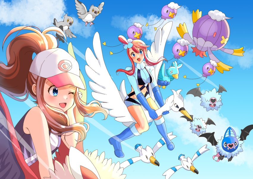 2girls alice_(pixiv80284903) armpit_crease bird blue_background blue_footwear blue_sky blush braviary breasts brown_hair cloud cloudy_sky drifblim drifloon ducklett hair_tie hat highres hilda_(pokemon) large_breasts looking_at_viewer multiple_girls one_eye_closed pidove pokemon pokemon_(creature) pokemon_(game) ponytail red_hair riding riding_pokemon sky skyla_(pokemon) swanna swoobat wind wingull woobat