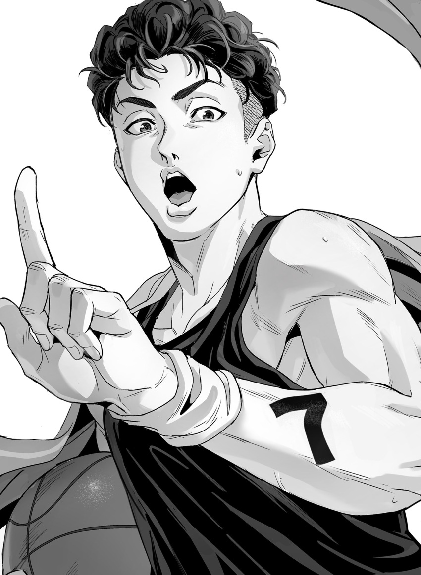 1boy ball basketball bui_(buupopopopopo) greyscale hand_up highres holding holding_ball looking_at_viewer male_focus miyagi_ryouta monochrome open_mouth short_hair simple_background slam_dunk_(series) solo sweatdrop tank_top towel_on_one_shoulder undercut upper_body v-shaped_eyebrows wristband