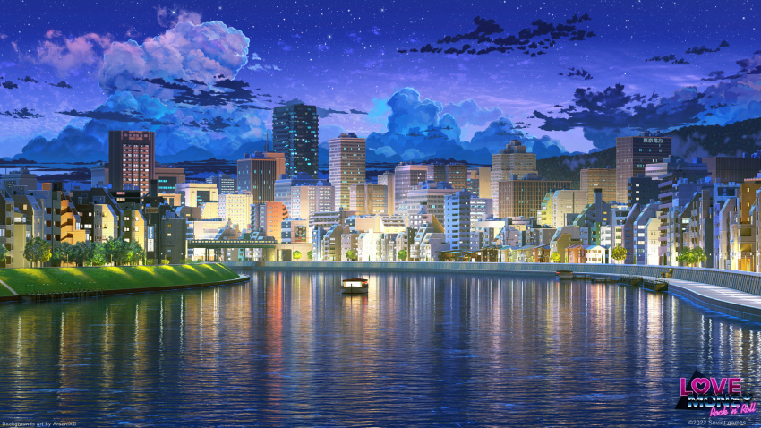 arsenixc boat building city city_lights cloud copyright copyright_name dock gradient_sky highres logo love_money_rock'n'roll night night_sky no_humans outdoors river scenery sky star_(sky) starry_sky tree water watercraft