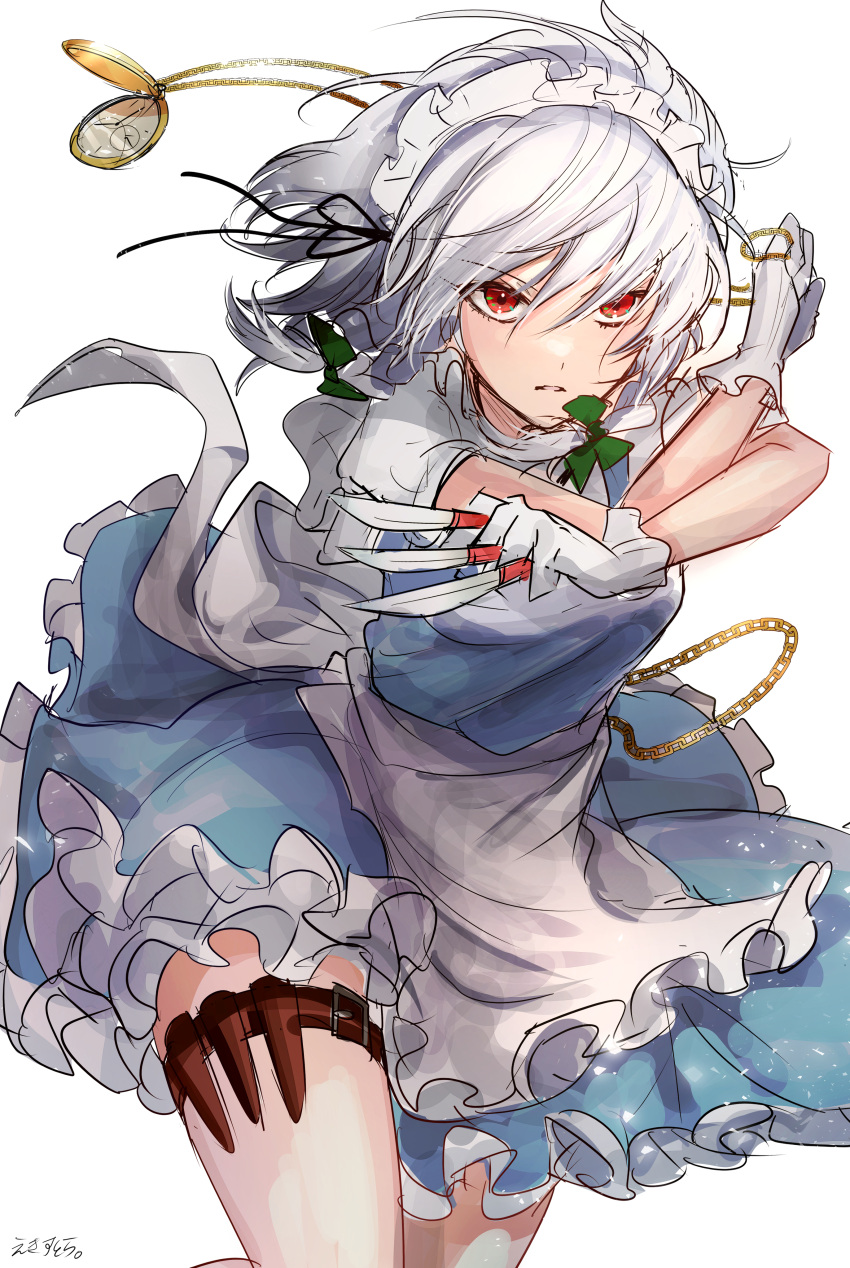 1girl absurdres apron blue_dress bow braid chain cowboy_shot dress ekisutora frilled_dress frills hair_bow highres holding holding_knife izayoi_sakuya knife knife_sheath maid_apron maid_headdress one-hour_drawing_challenge pocket_watch red_eyes sheath solo touhou twin_braids watch white_hair