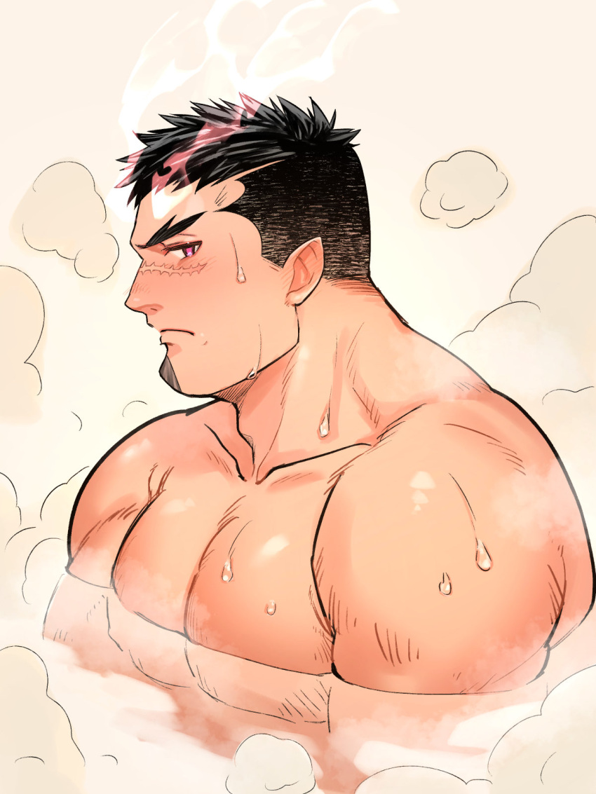 1boy bara black_hair blush facial_hair fiery_horns forked_eyebrows goatee highres horns large_pectorals looking_at_viewer male_focus muscular muscular_male nipples pectorals satou_shouhei scar scar_on_face scar_on_nose short_hair solo steam tokyo_afterschool_summoners undercut yoritomo_(housamo)