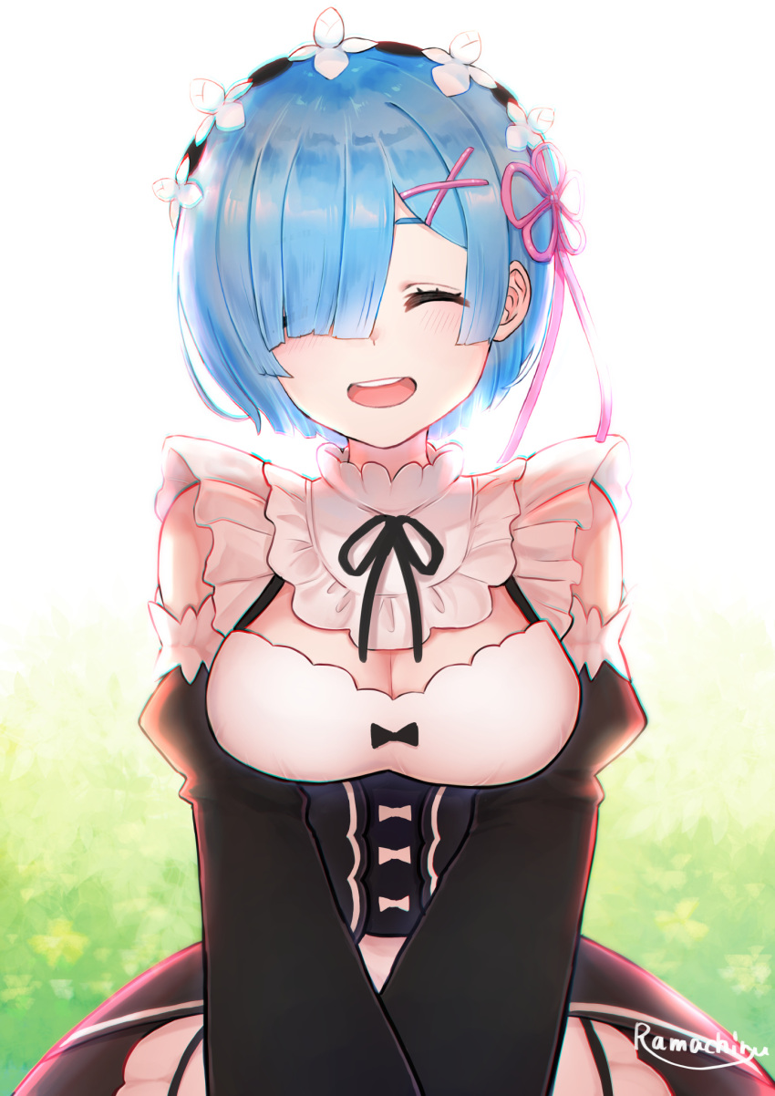 1girl apron black_bow black_dress black_ribbon blue_hair bow breasts cleavage closed_eyes collar detached_sleeves dress flower flower_knot frills grass hair_flower hair_ornament highres maid neck_ribbon open_mouth puffy_detached_sleeves puffy_sleeves ramachiru re:zero_kara_hajimeru_isekai_seikatsu rem_(re:zero) ribbon short_hair signature smile solo two-tone_dress white_apron white_bow white_collar white_dress white_flower