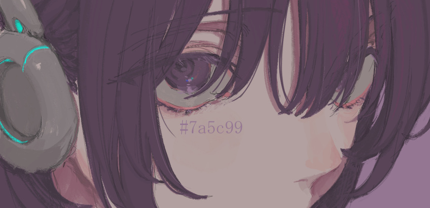 1girl close-up colored_eyelashes commentary_request eye_focus hair_over_eyes headphones looking_at_viewer mouth_out_of_frame msb_(a47630968) portrait purple_background purple_eyes purple_hair raised_eyebrows sanpaku simple_background solo utane_uta utau