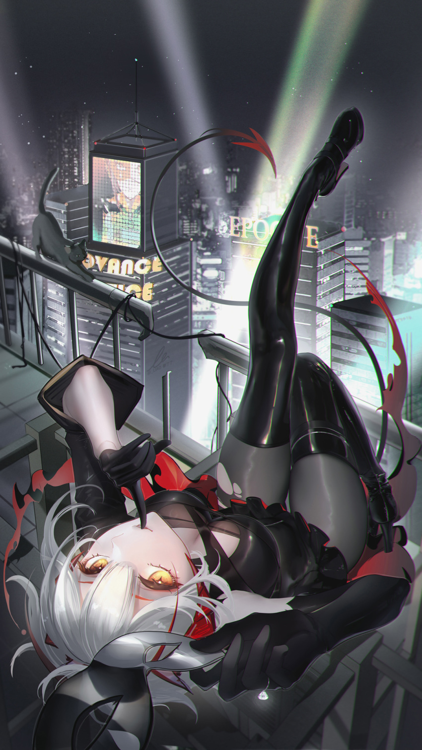 1girl ambience_synesthesia arknights asymmetrical_gloves black_dress black_footwear black_gloves boots breasts cat city cityscape cleavage commentary_request demon_girl demon_horns demon_tail diamond_ring dress elbow_gloves finger_to_mouth full_body gloves grey_hair grey_pantyhose high_heels highres holding holding_mask horns latex latex_boots leg_up liu_liaoliao looking_at_viewer mask mask_removed night night_sky on_roof orange_eyes pantyhose parted_lips railing red_dress red_horns searchlight short_hair shushing signature single_elbow_glove single_glove sky smile solo tail thigh_boots torn_clothes torn_pantyhose two-sided_dress two-sided_fabric upside-down w_(arknights)