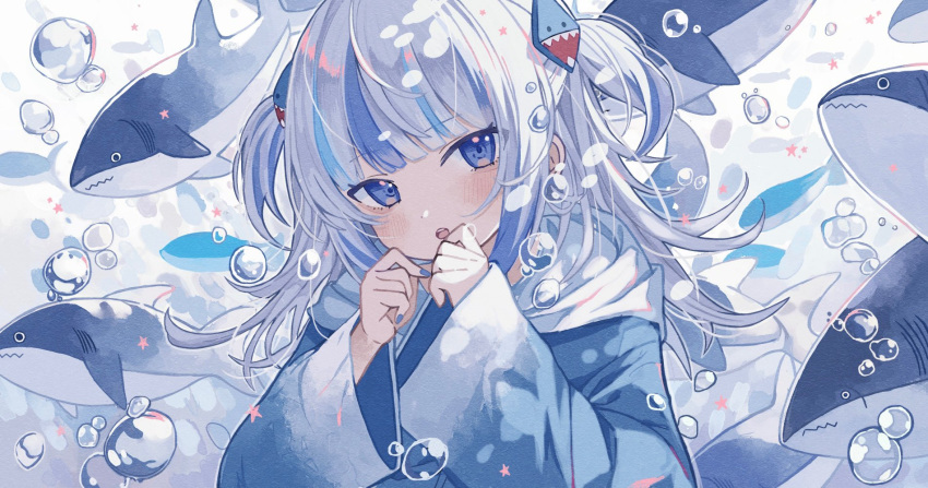 1girl :o air_bubble blue_eyes blue_hair blue_hoodie blue_nails blunt_bangs blush bubble commentary fingernails gawr_gura gawr_gura_(1st_costume) grey_hair hair_ornament hands_up highres hololive hololive_english hood hoodie long_sleeves looking_at_viewer medium_hair multicolored_hair nail_polish open_mouth shark shark_hair_ornament sidelocks solo star_(symbol) streaked_hair symbol-only_commentary two_side_up underwater upper_body virtual_youtuber white_hood wide_sleeves yuzuriha_(nx_e78)