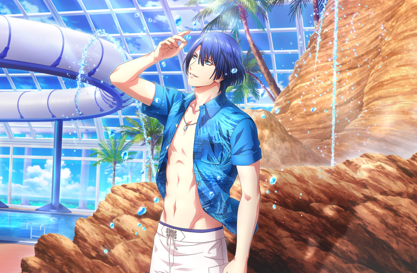 1boy bad_source blue_eyes blue_hair blue_sky feet fingernails game_cg highres hijirikawa_masato jewelry male_focus necklace official_art open_clothes open_shirt palm_tree short_sleeves sky smile solo topless_male tree uta_no_prince-sama uta_no_prince-sama:_shining_live