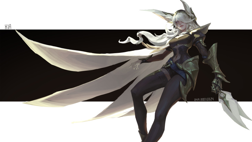 1girl 24a_(ershisiai) absurdres animal_ears armor black_thighhighs breasts broken_covenant_xayah cape closed_mouth gauntlets hair_over_one_eye highres holding holding_weapon hood hood_up league_of_legends long_hair looking_at_viewer medium_breasts navel shoulder_armor shoulder_cape smile solo thighhighs weapon white_background white_cape white_hair xayah