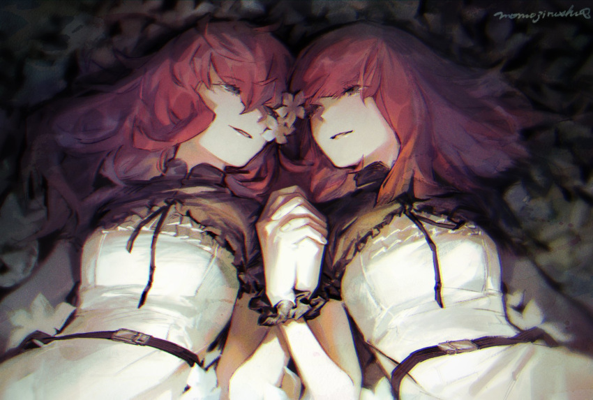 2girls devola dress grey_eyes highres holding_hands interlocked_fingers long_hair looking_at_another momo_jiru multiple_girls nier:automata nier_(series) parted_lips popola red_hair scrunchie short_sleeves siblings sisters twins wrist_scrunchie